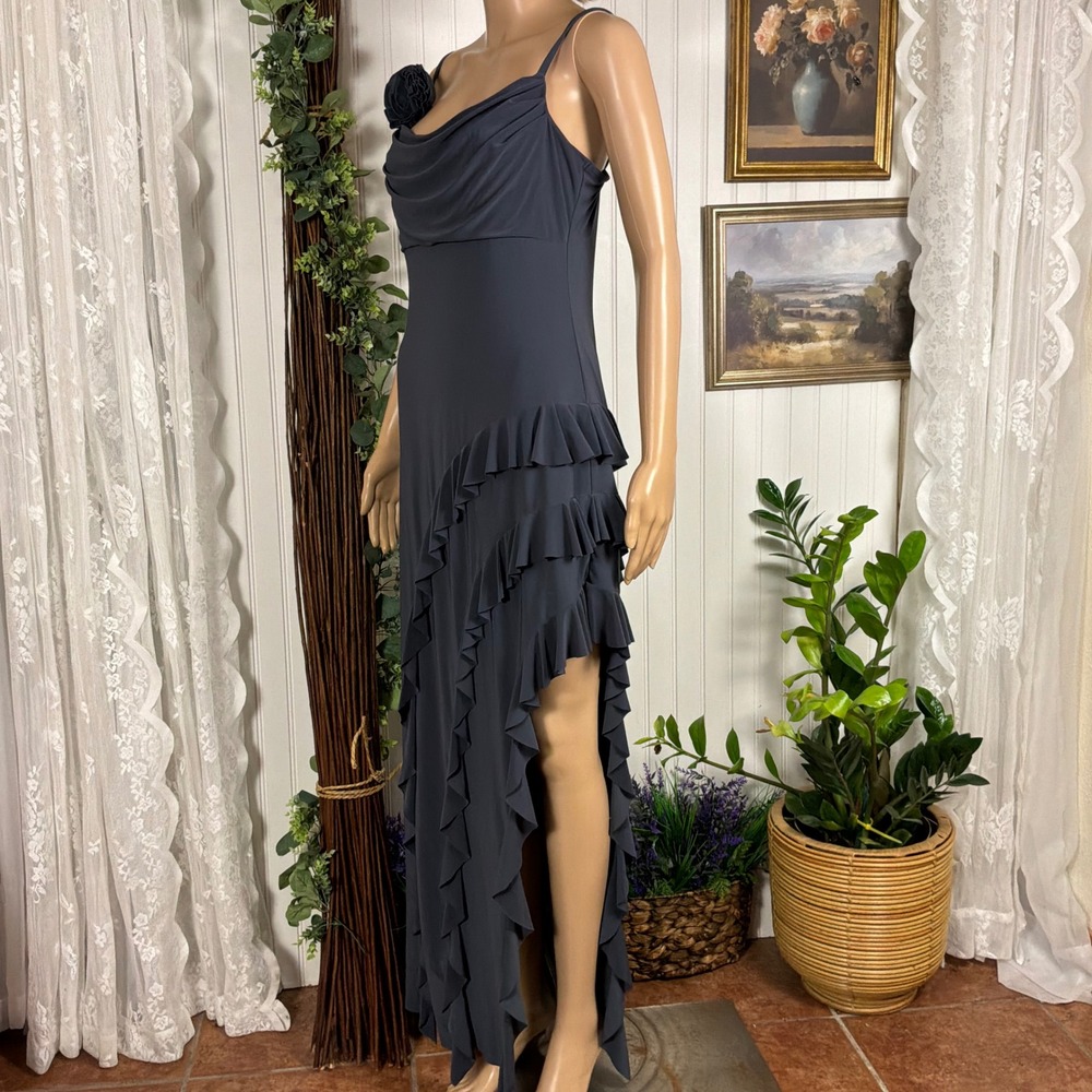 AUW Maxi Dress Womens Large Gray Good Ruffle Rosette Cowl Neck Sleeveless